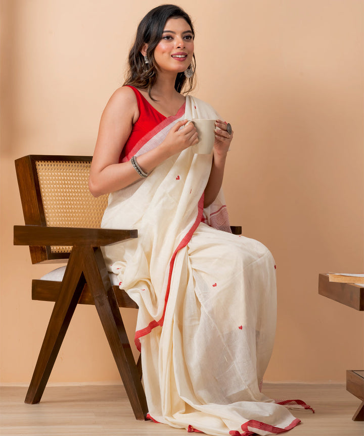 Cream pink cotton handloom jamdani saree