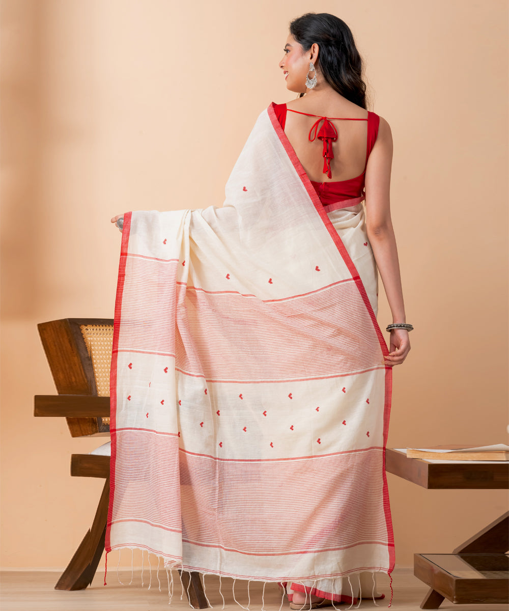 Cream pink cotton handloom jamdani saree