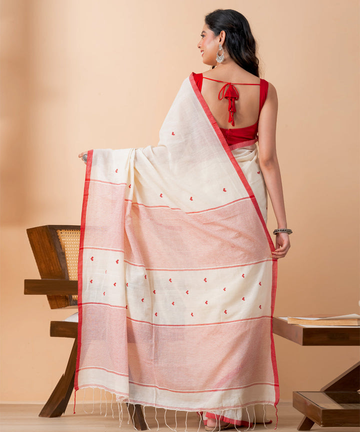 Cream pink cotton handloom jamdani saree