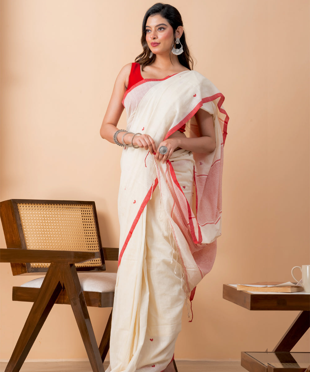 Cream pink cotton handloom jamdani saree