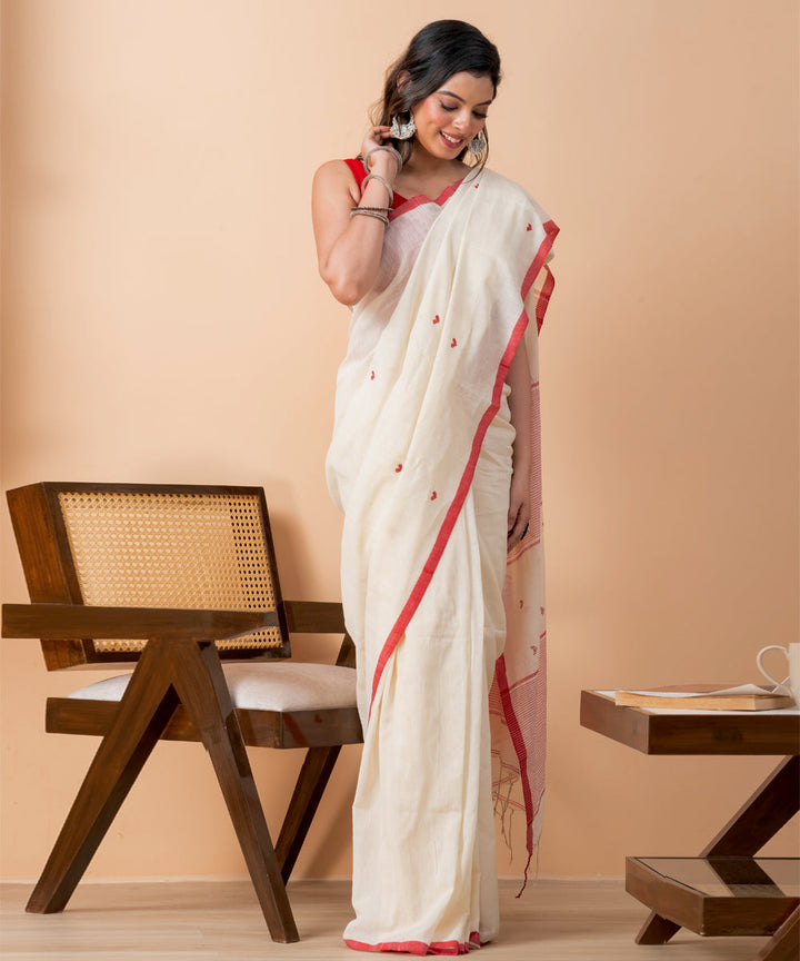 Cream pink cotton handloom jamdani saree
