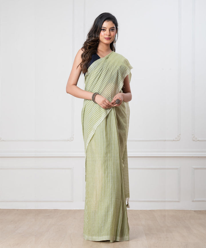 Light green striped khadi cotton handloom khadi saree with tassels
