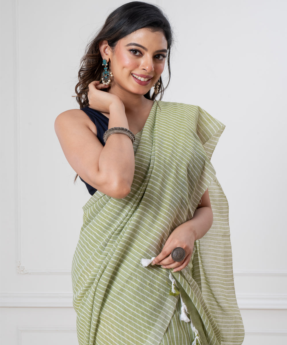 Light green striped khadi cotton handloom khadi saree with tassels