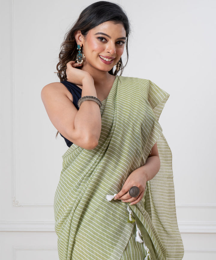 Light green striped khadi cotton handloom khadi saree with tassels