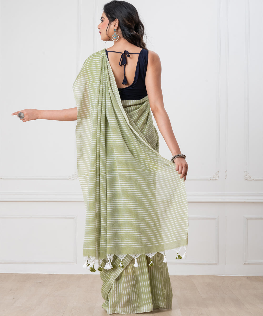 Light green striped khadi cotton handloom khadi saree with tassels