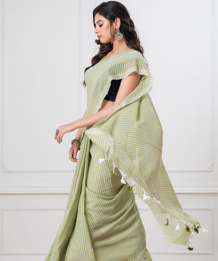 Light green striped khadi cotton handloom khadi saree with tassels