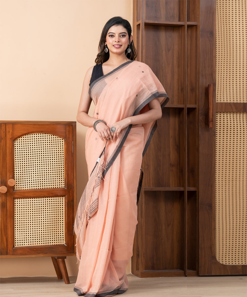 Peach black border cotton handloom jamdani saree