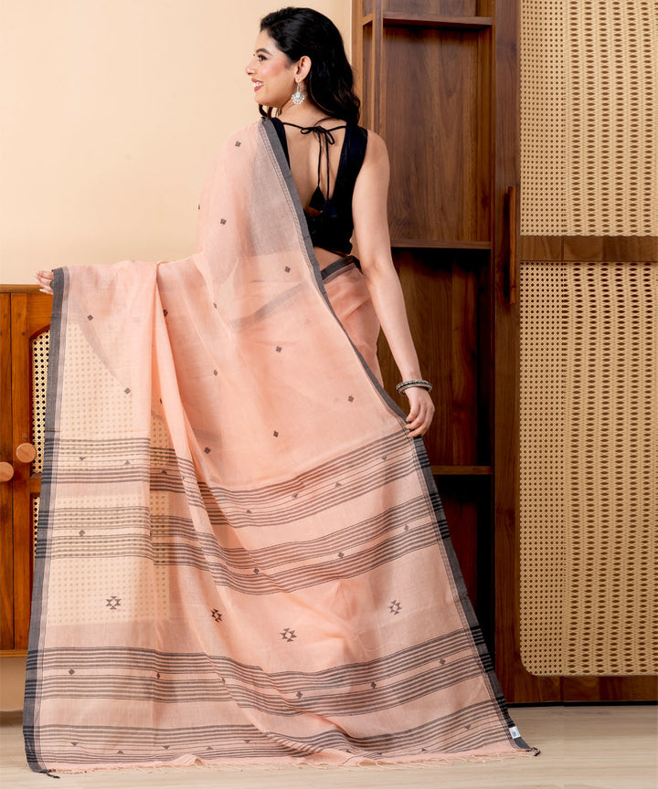 Peach black border cotton handloom jamdani saree