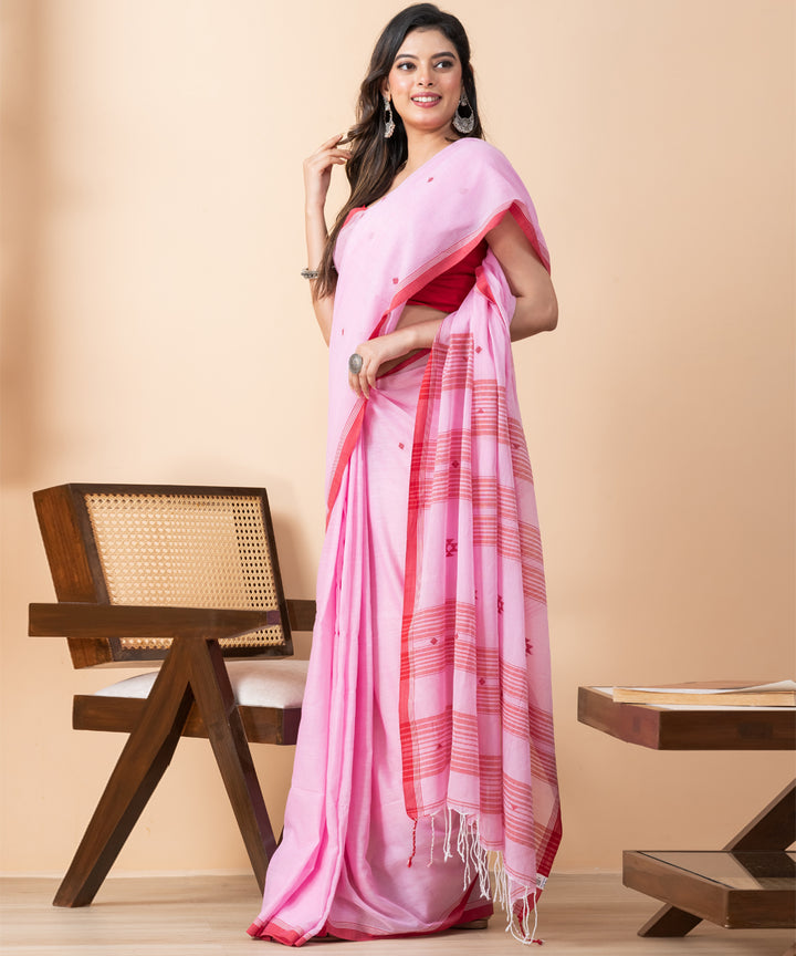 Pink red border cotton handloom jamdani saree