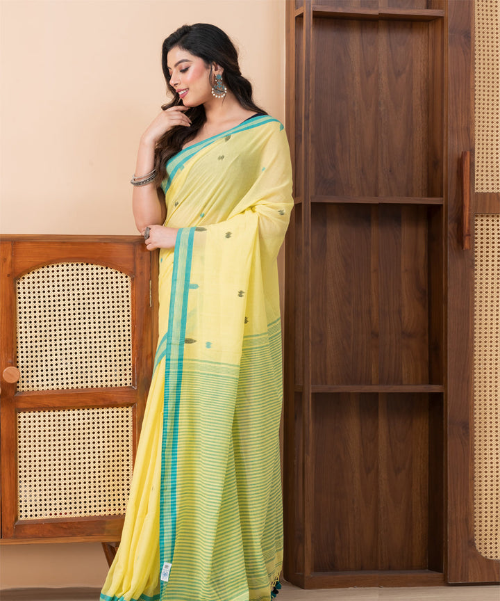 Yellow light yellow mul cotton handloom jamdani saree with tassels