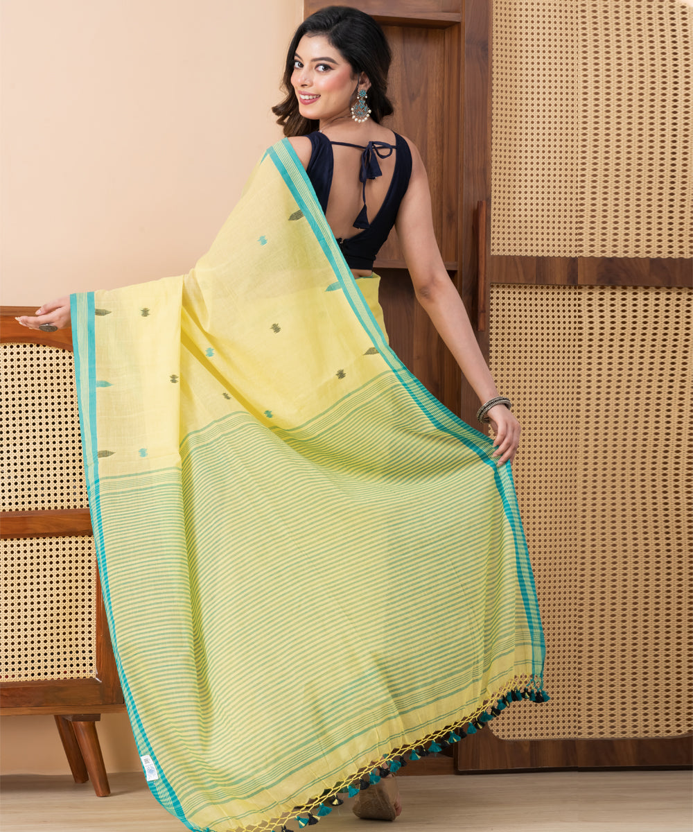 Yellow light yellow mul cotton handloom jamdani saree with tassels