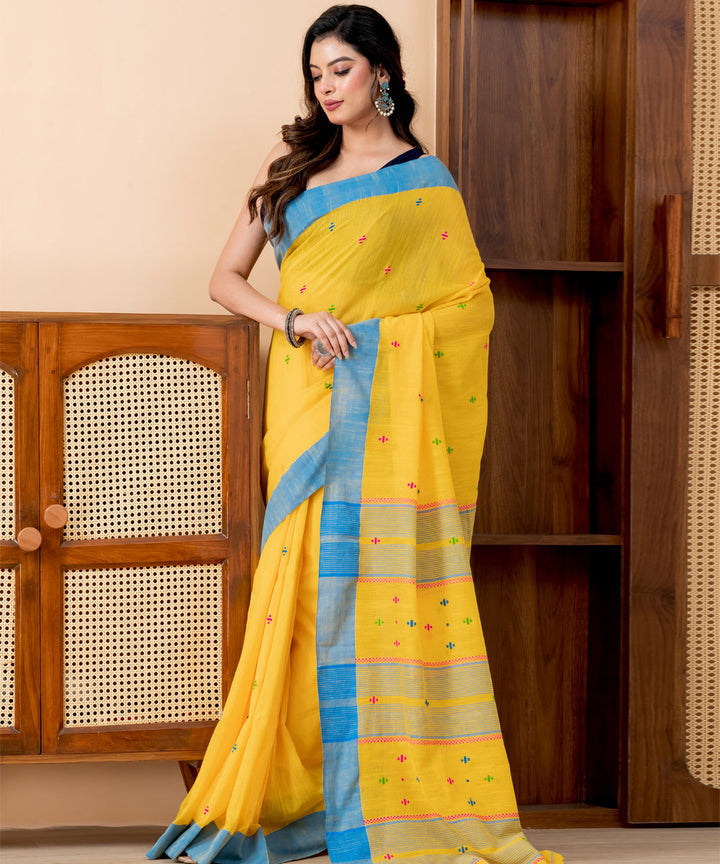 Yellow sky blue border cotton handloom jamdani saree with tassels