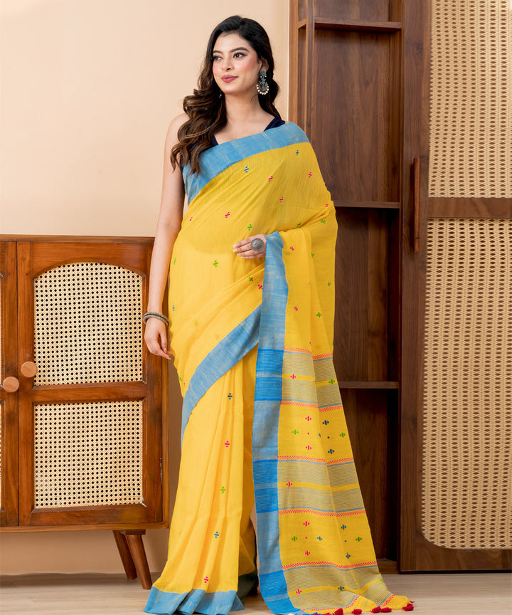 Yellow sky blue border cotton handloom jamdani saree with tassels