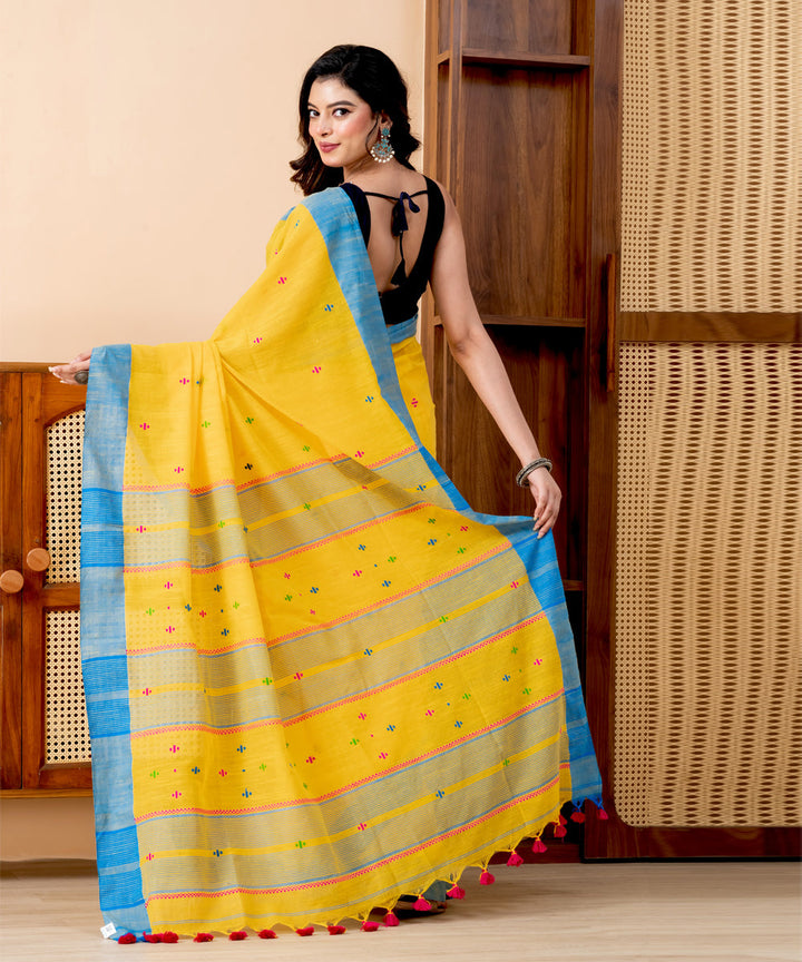Yellow sky blue border cotton handloom jamdani saree with tassels