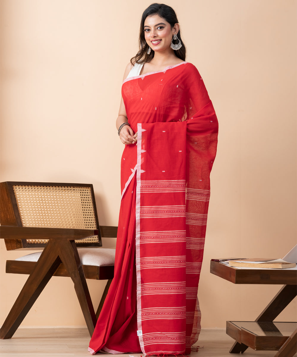Tomato red striped mul cotton handloom jamdani saree