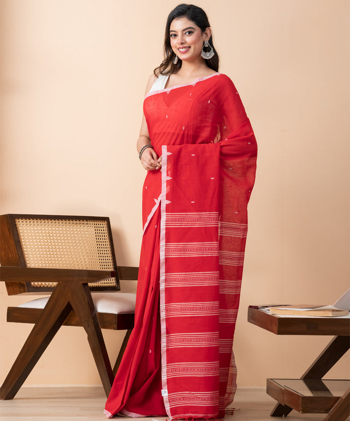 Tomato red striped mul cotton handloom jamdani saree