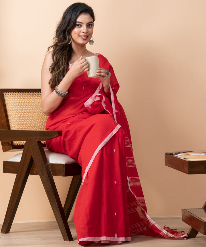 Tomato red striped mul cotton handloom jamdani saree