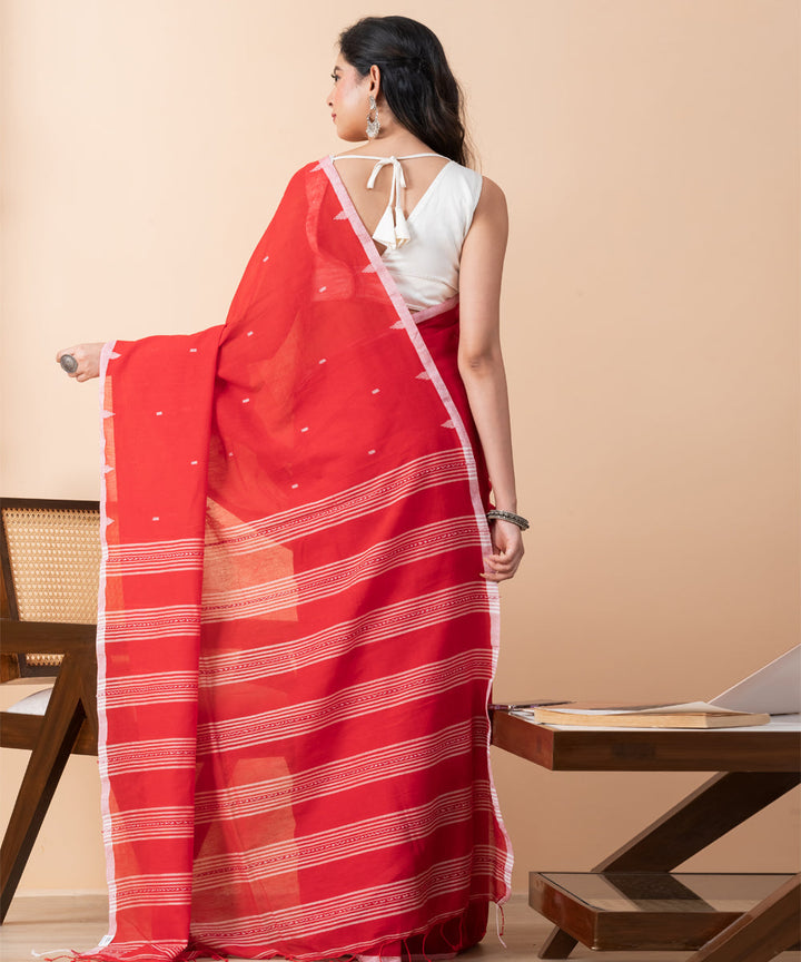 Tomato red striped mul cotton handloom jamdani saree
