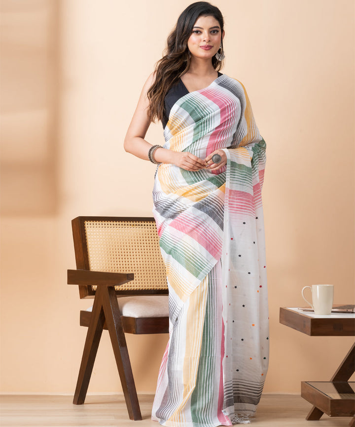 White multicolour mul cotton handloom jamdani saree