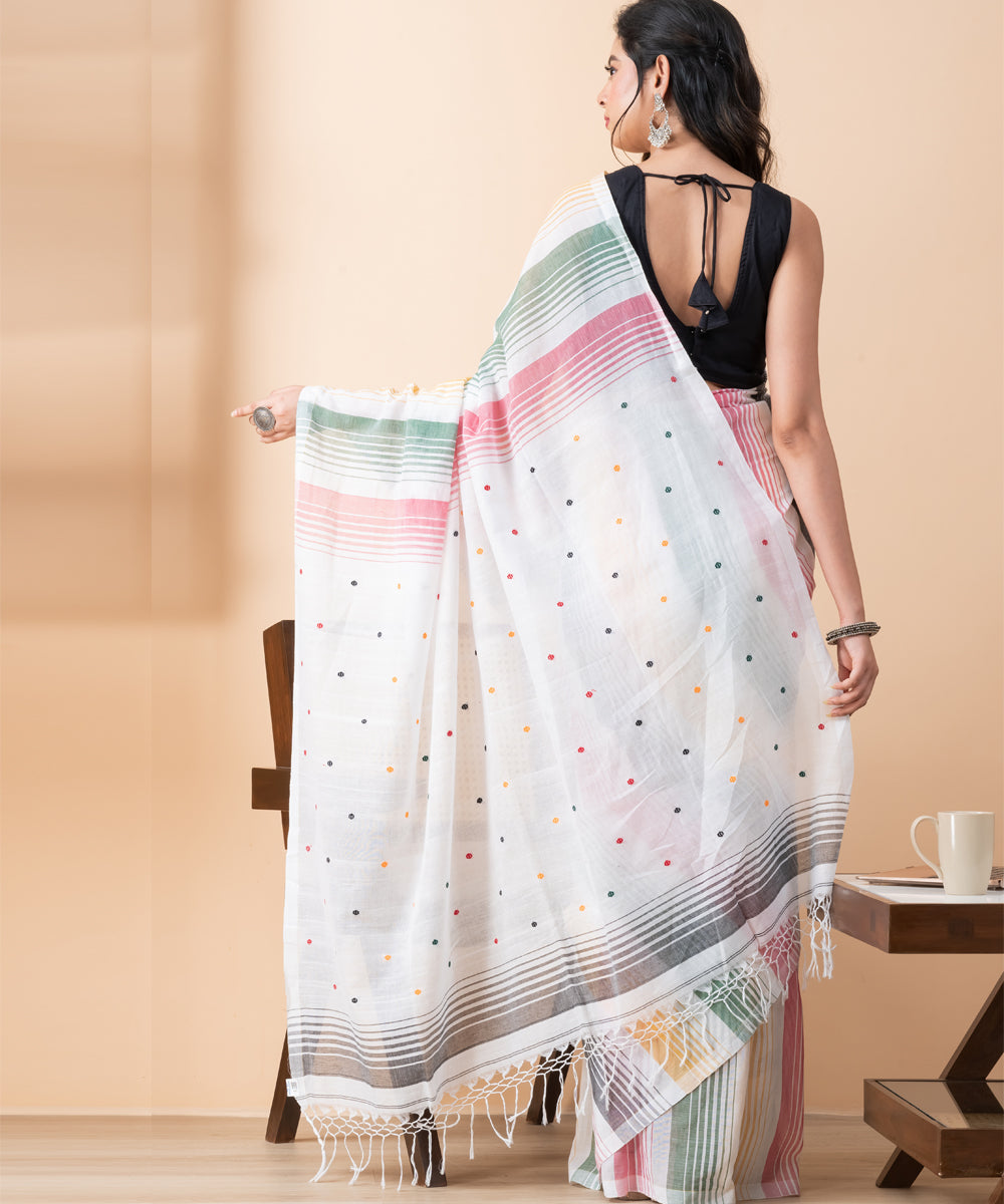 White multicolour mul cotton handloom jamdani saree
