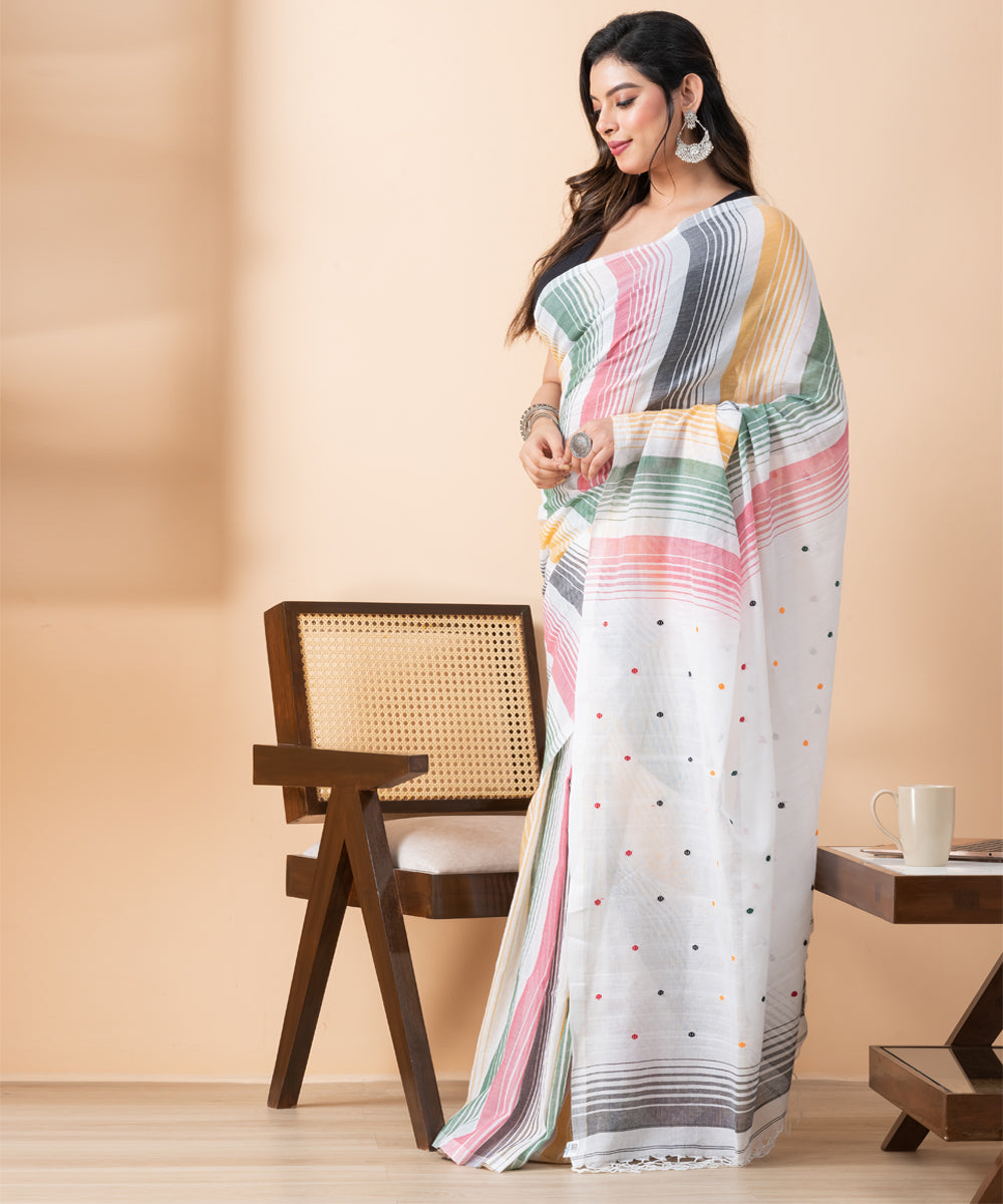 White multicolour mul cotton handloom jamdani saree