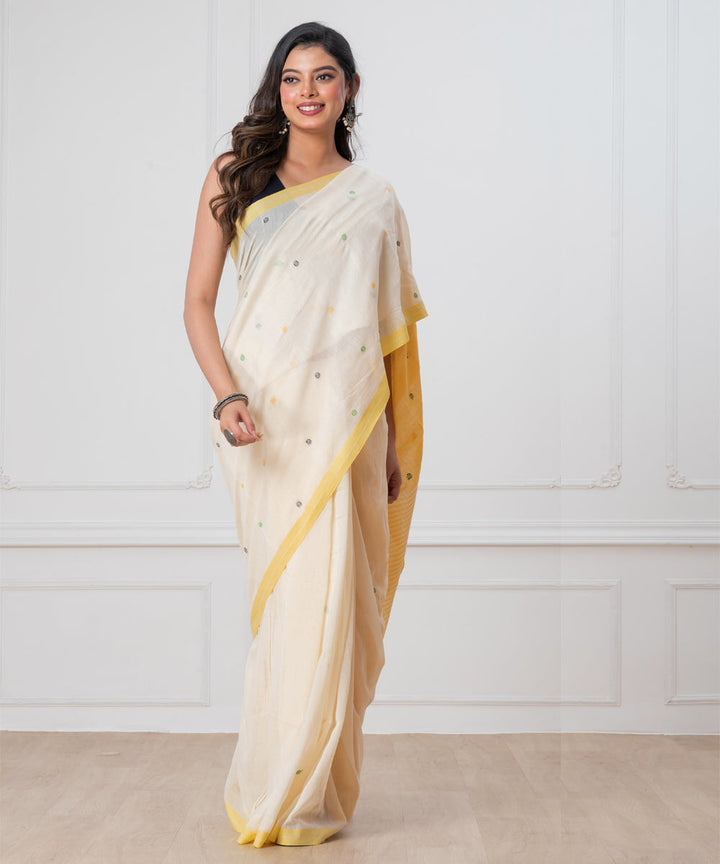 White yellow mul cotton handloom jamdani saree with tassels