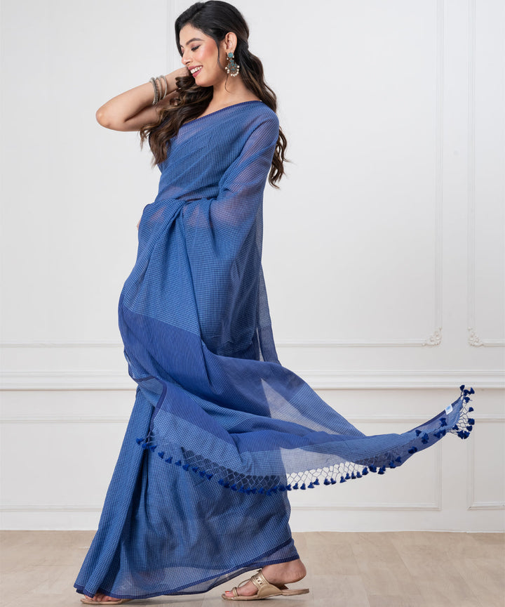 Navy blue mul cotton begal handloom saree with tassels