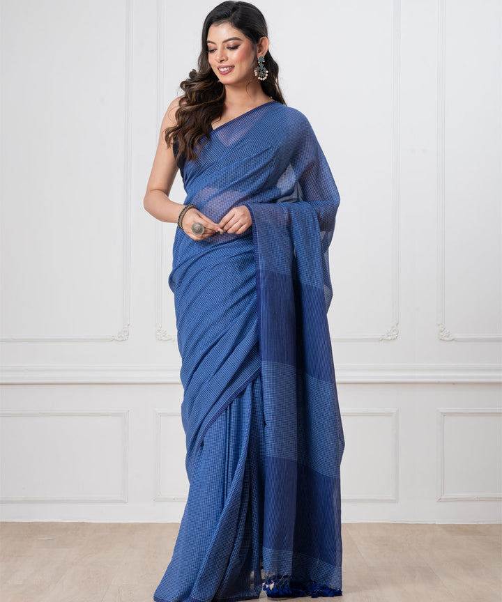 Navy blue mul cotton begal handloom saree with tassels