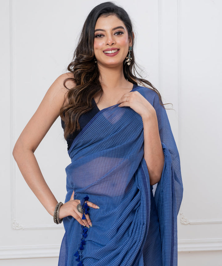 Navy blue mul cotton begal handloom saree with tassels