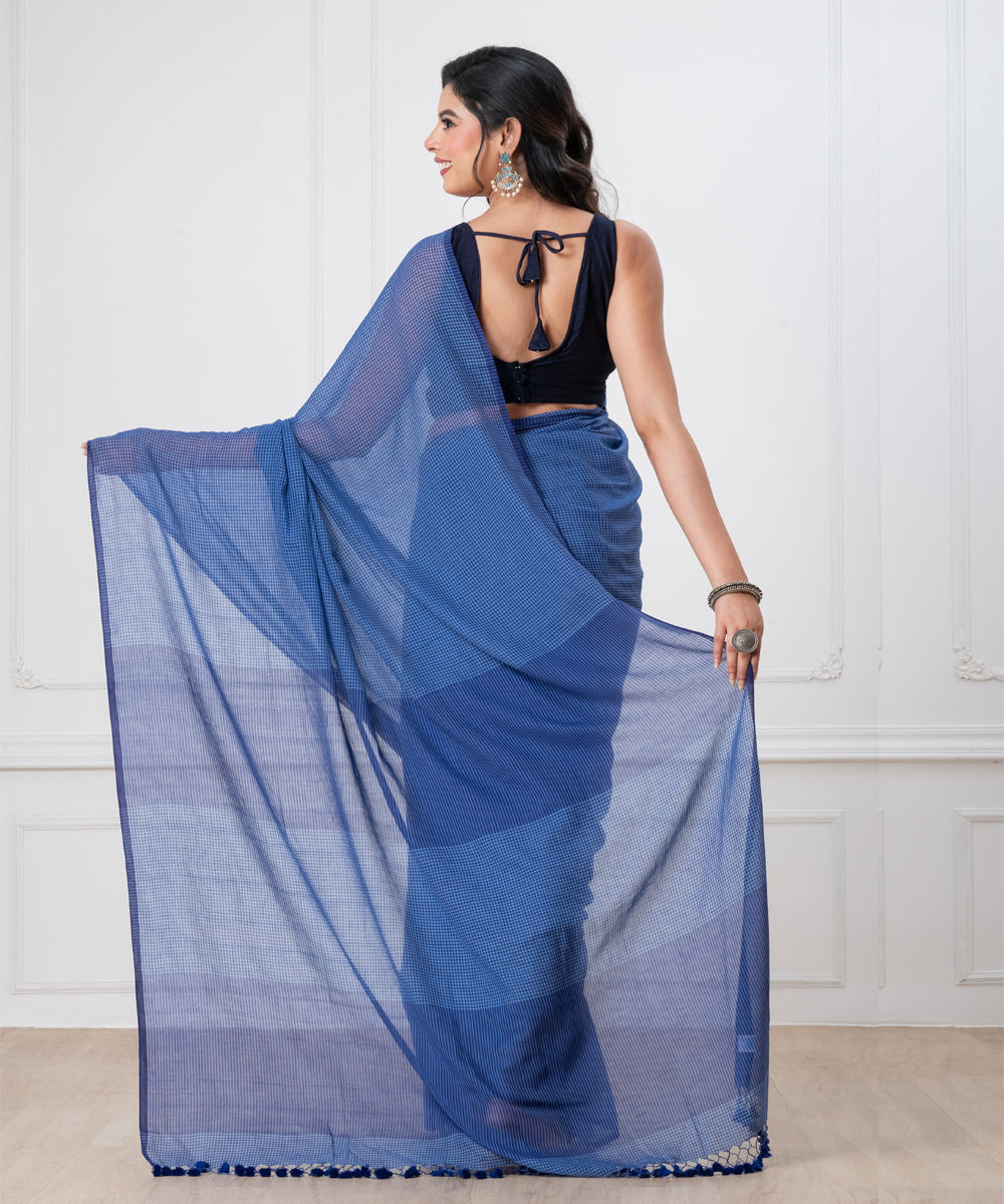 Navy blue mul cotton begal handloom saree with tassels