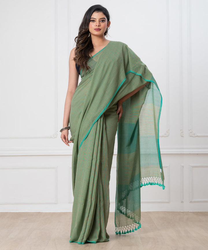 Light green sea green mul cotton handloom saree with tassels