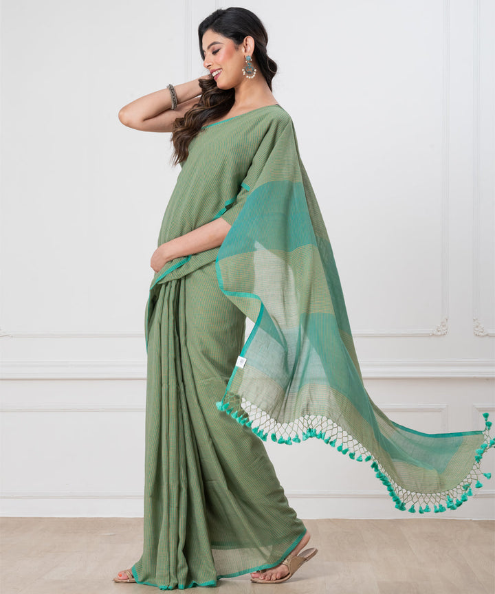 Light green sea green mul cotton handloom saree with tassels