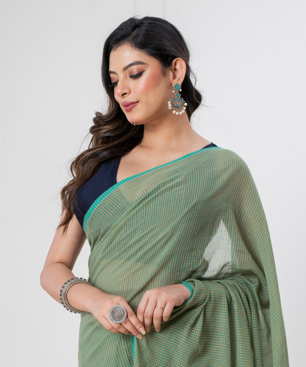 Light green sea green mul cotton handloom saree with tassels