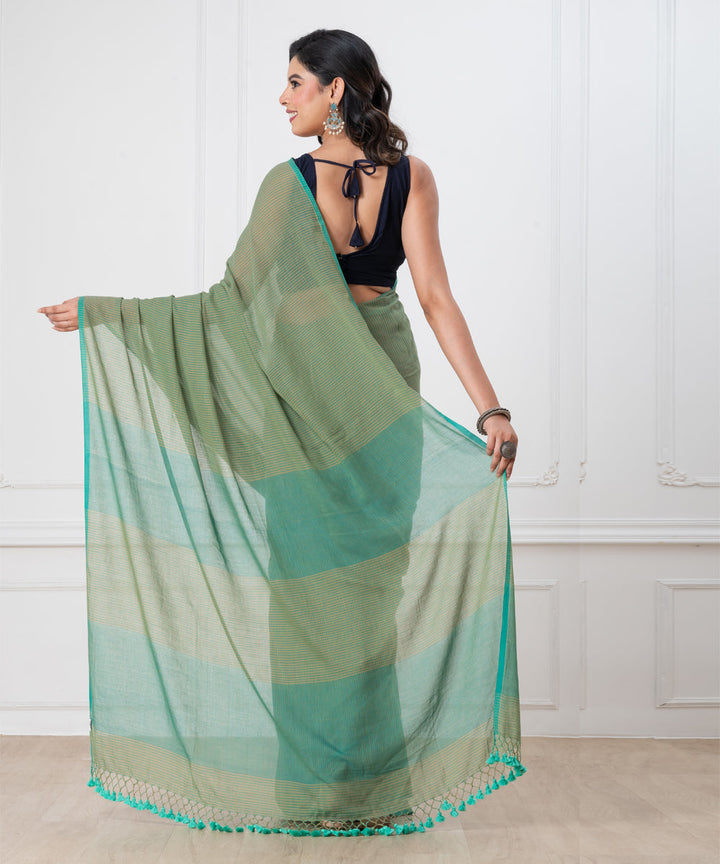 Light green sea green mul cotton handloom saree with tassels