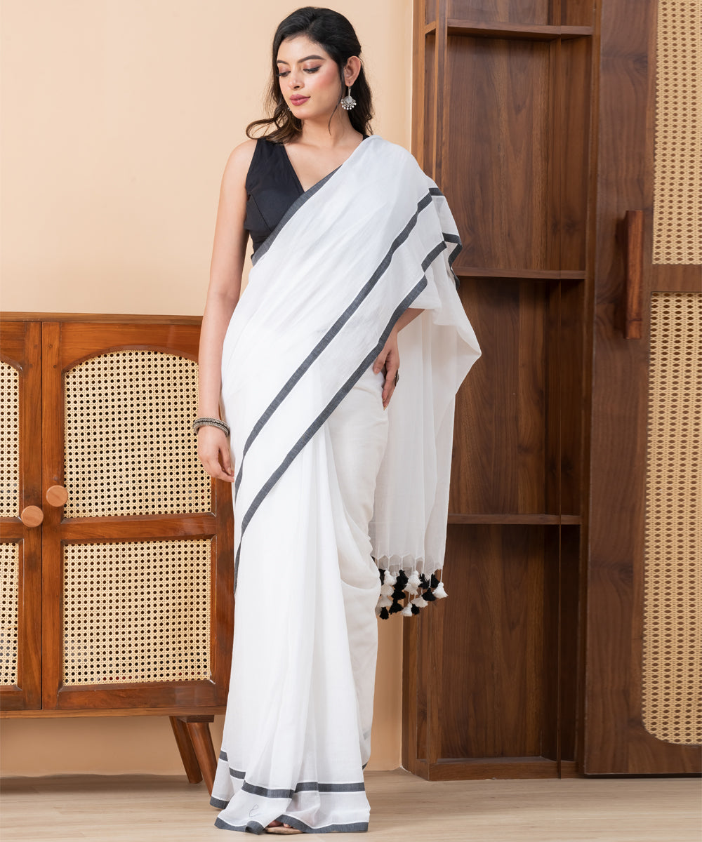 White black mul cotton handloom saree with tassels