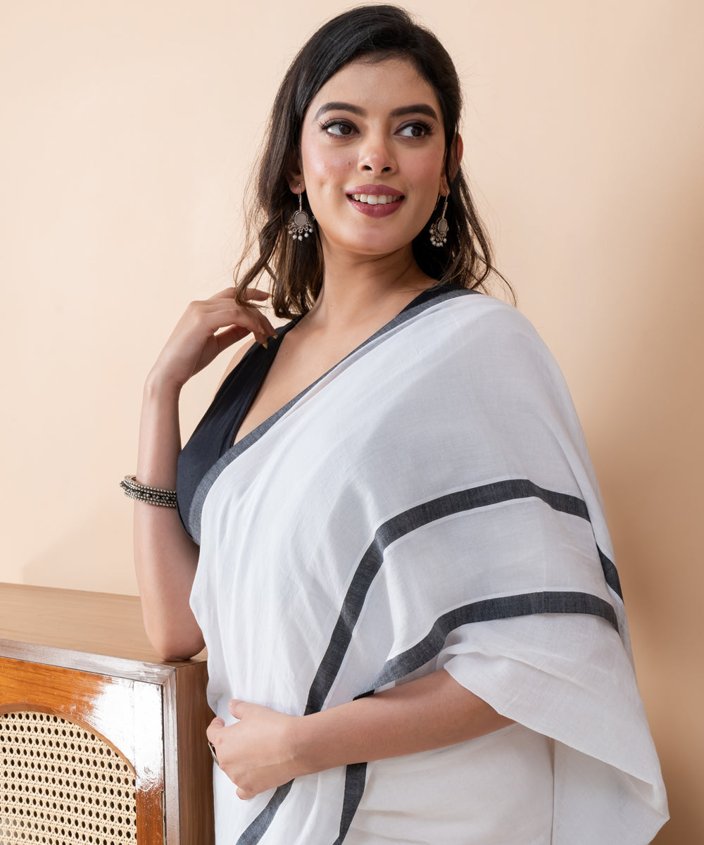 White black mul cotton handloom saree with tassels