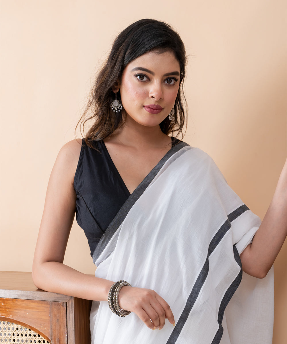 White black mul cotton handloom saree with tassels