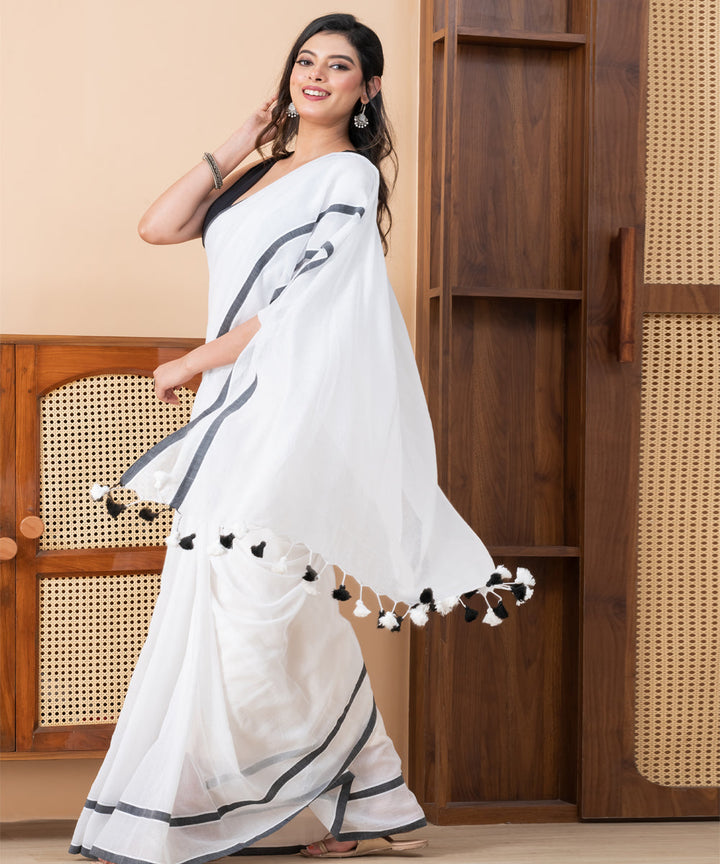 White black mul cotton handloom saree with tassels