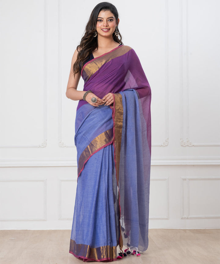 Indigo powder blue mul cotton handloom saree with tassels