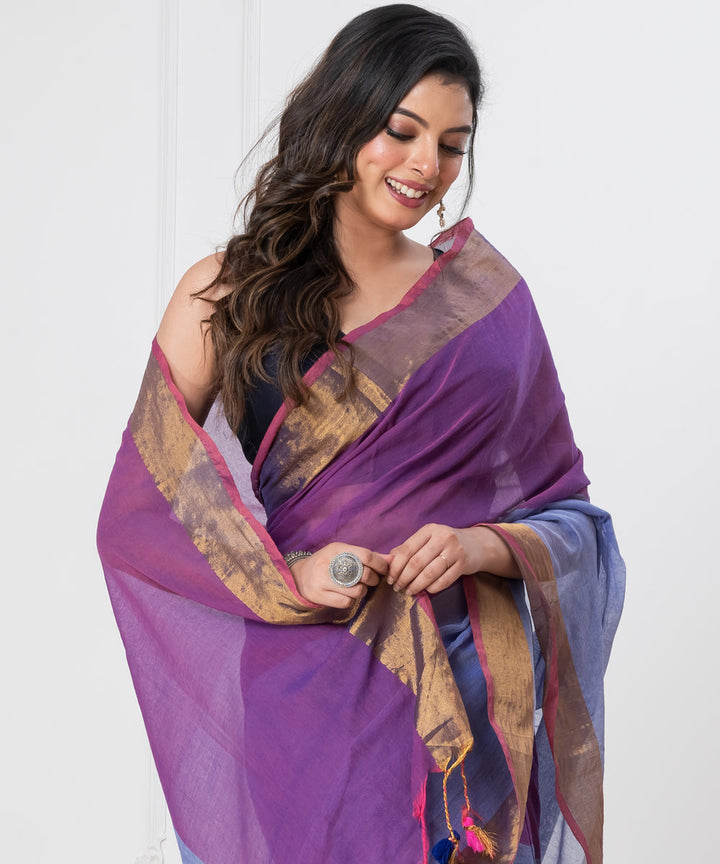 Indigo powder blue mul cotton handloom saree with tassels