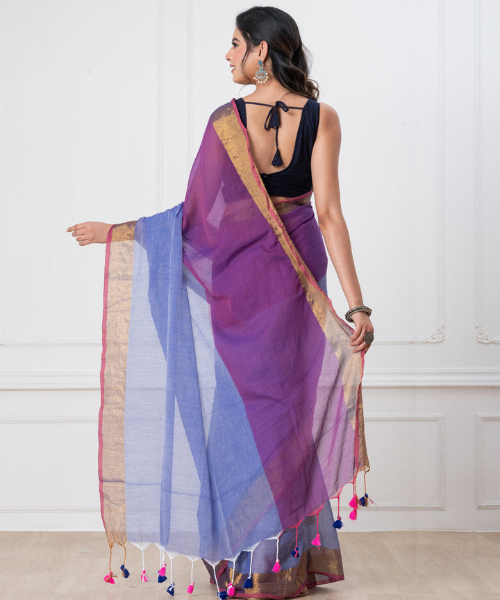 Indigo powder blue mul cotton handloom saree with tassels