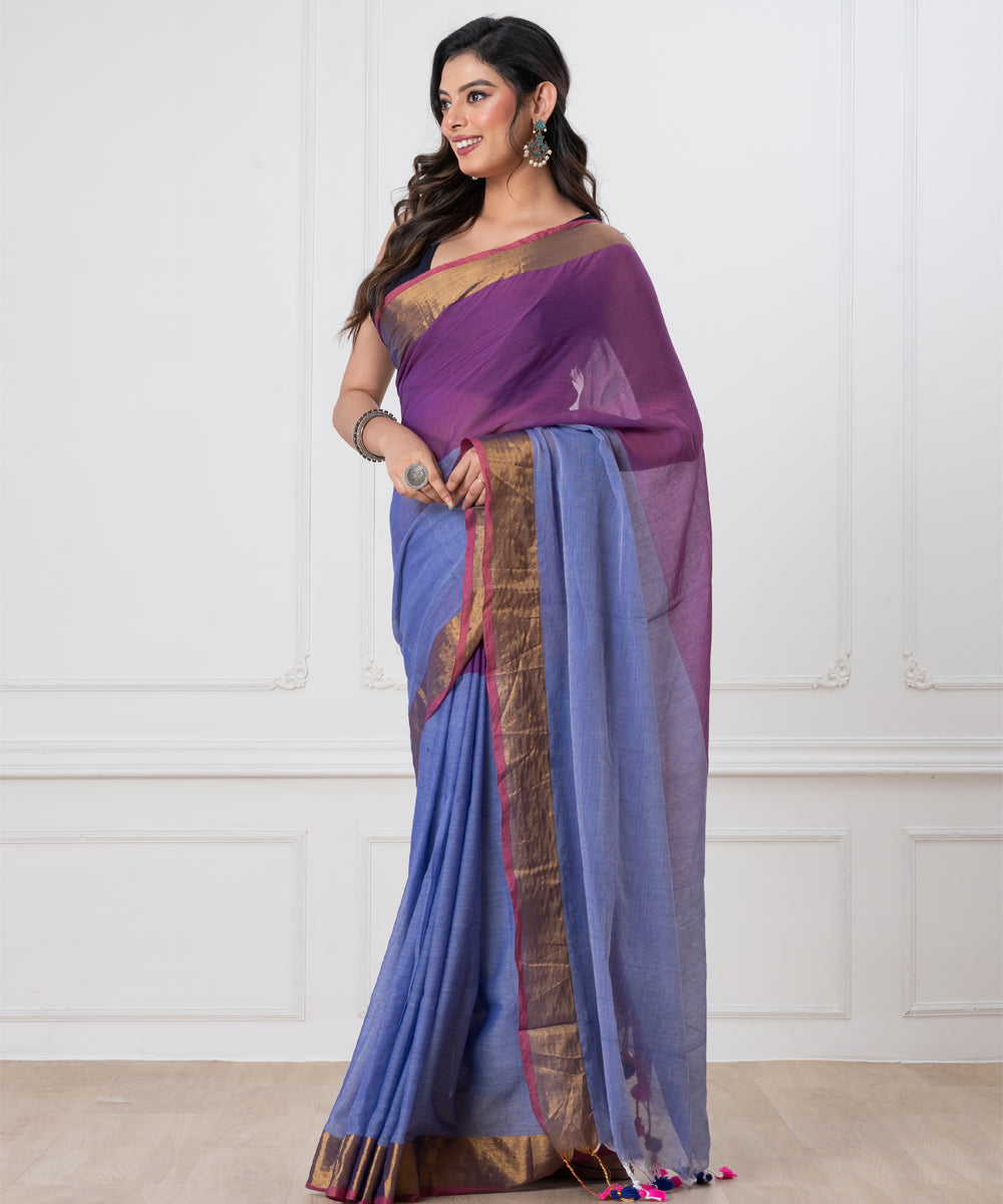 Indigo powder blue mul cotton handloom saree with tassels