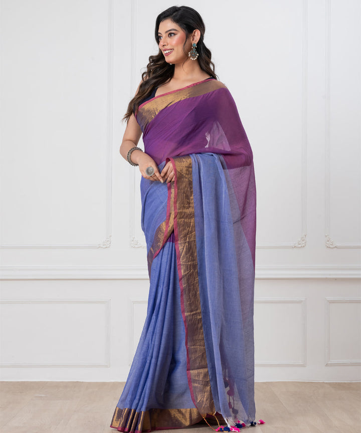 Indigo powder blue mul cotton handloom saree with tassels
