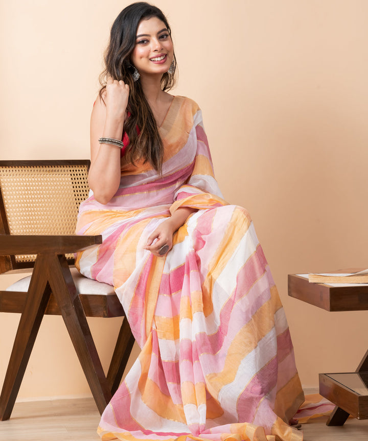 Orange pink white mul cotton handloom saree with tassels