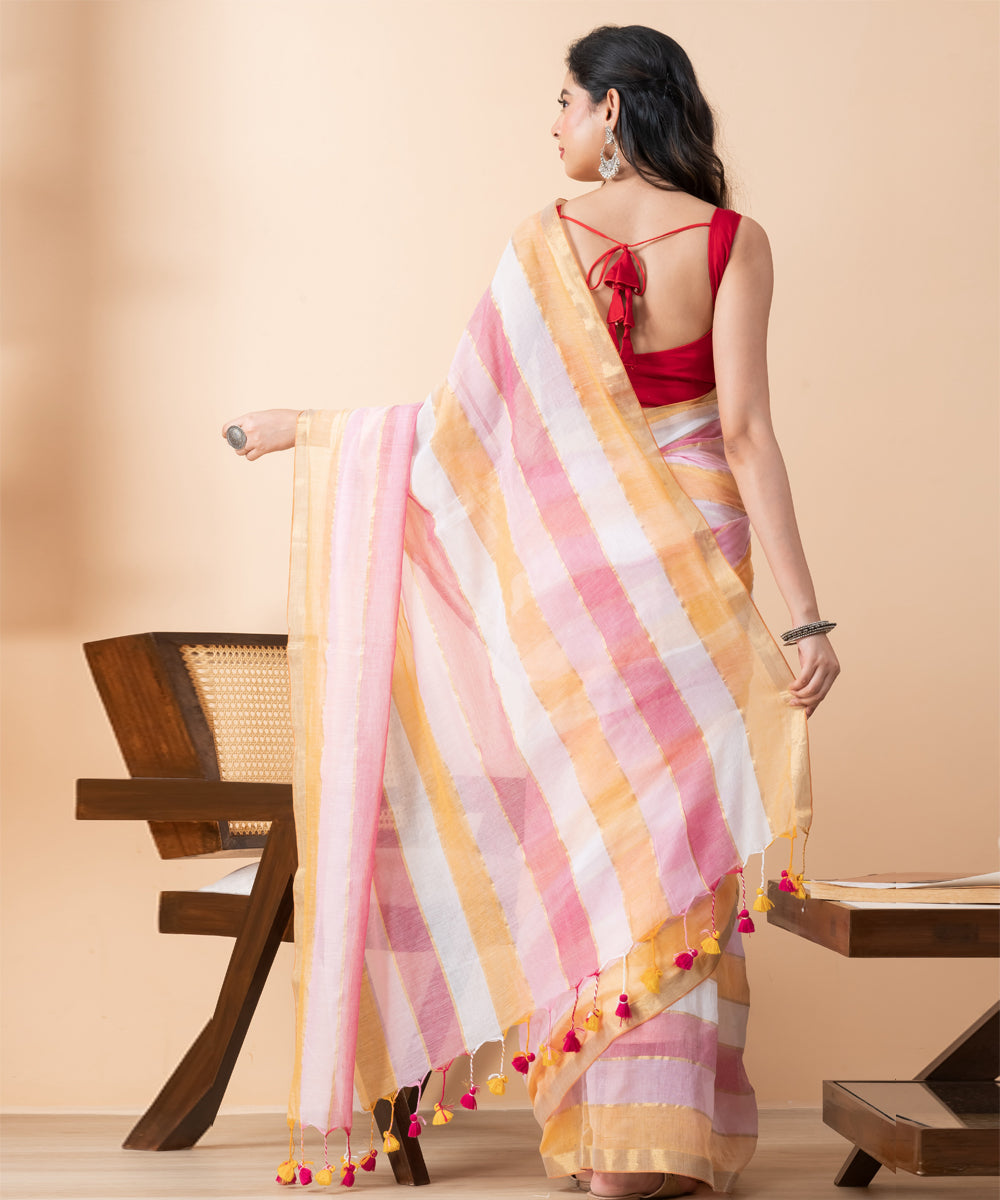 Orange pink white mul cotton handloom saree with tassels