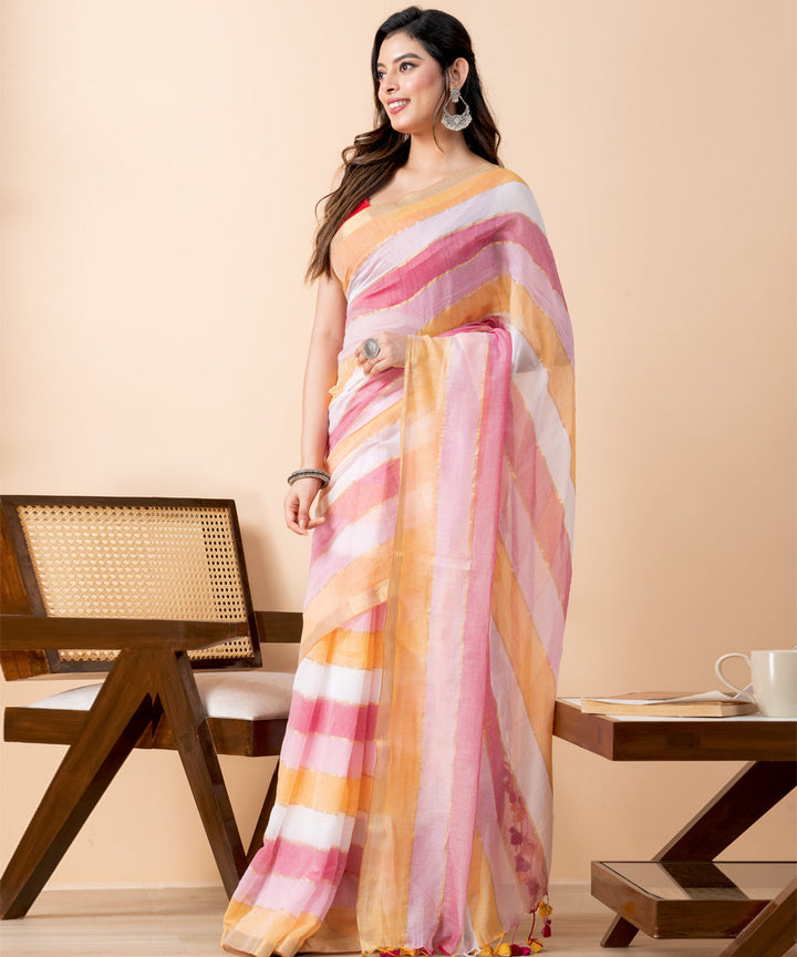 Orange pink white mul cotton handloom saree with tassels
