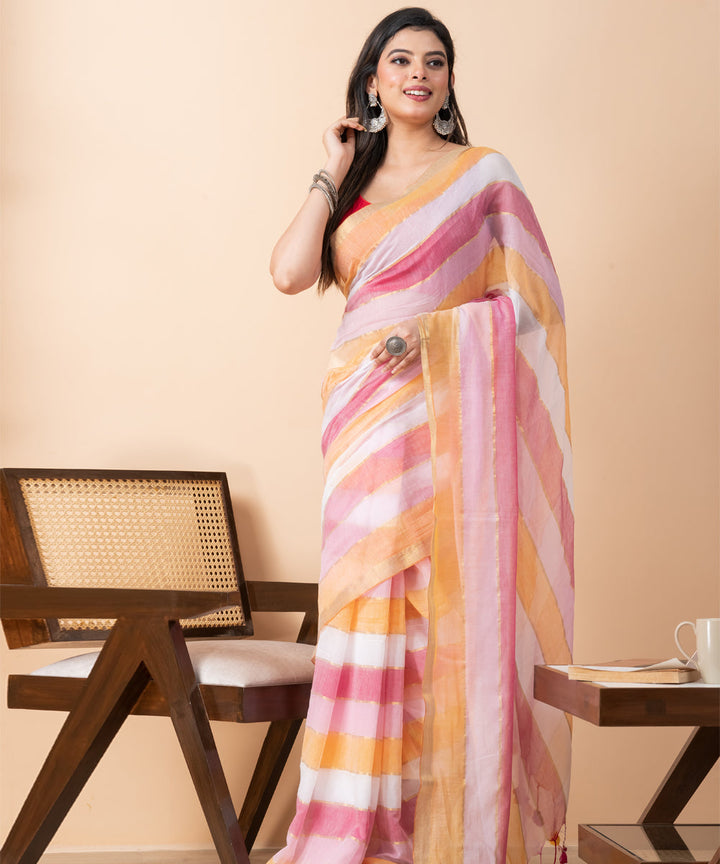 Orange pink white mul cotton handloom saree with tassels