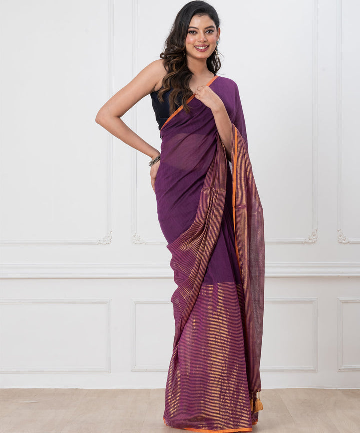 Purple mustard mul cotton handloom saree with tassels