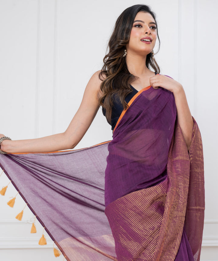 Purple mustard mul cotton handloom saree with tassels