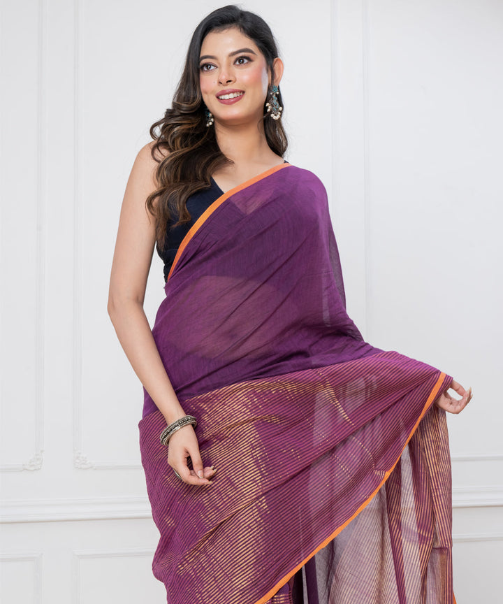 Purple mustard mul cotton handloom saree with tassels